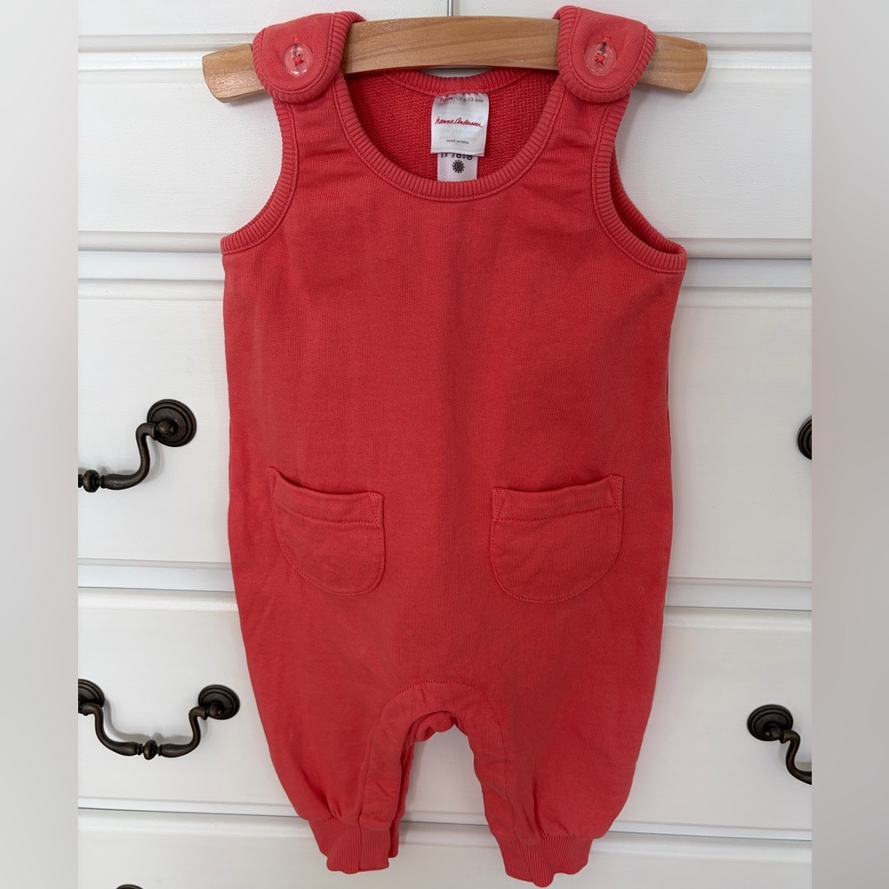 Hanna Andersson Coral One-Piece Romper with Front Pockets & button shoulders